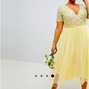 Maya Deluxe plus cap sleeve delicate yellow sequin detail with tulle midi dress.